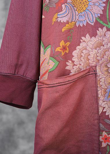 Elegant purple cotton Tunics prints long big pockets Dress - SooLinen