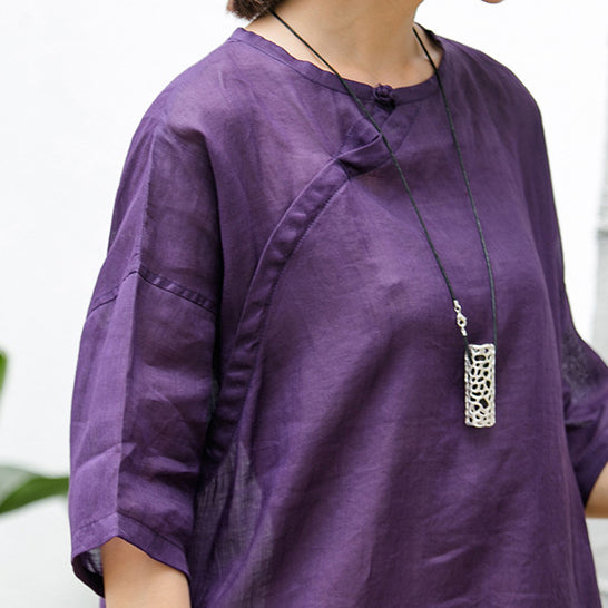 Elegant purple natural cotton linen dress oversize traveling clothing Fine short sleeve O neck a line skirts cotton linen dress