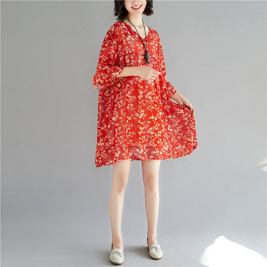 Elegant red chiffon dress o neck long sleeve party dress print baggy dresses chiffon dress