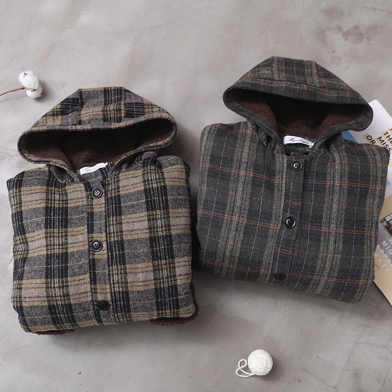 Elegant yellow plaid Plus Size Long coats Wardrobes patchwork pockets hooded coat - SooLinen