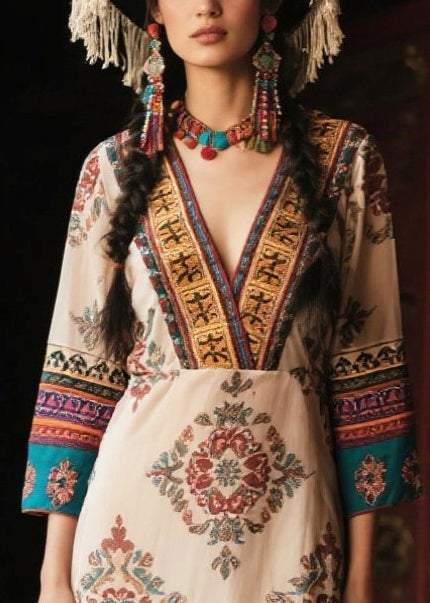 Ethnic Style Apricot V Neck Print Chiffon Robe Dresses Bracelet Sleeve