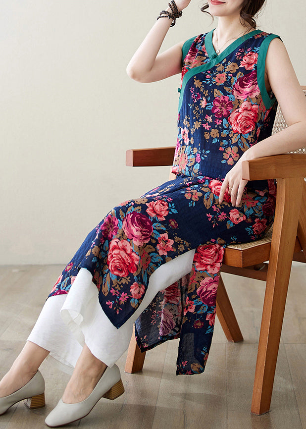 Ethnic Style Navy Print Side Open Linen Dresses Sleeveless