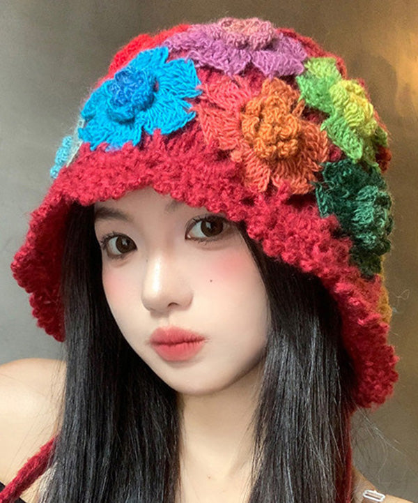 Ethnic Style Red Flower Hollow Knitted Boonie Hat
