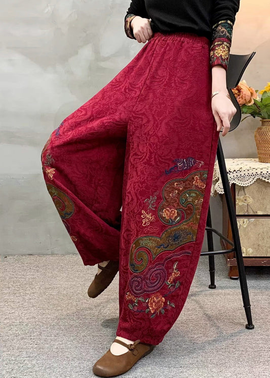 Ethnic Style Red Linen Harem Pants Embroidered Spring
