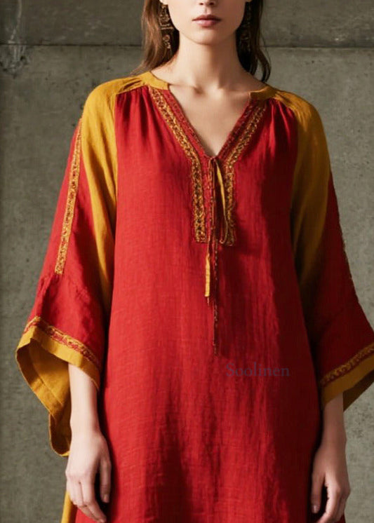 Ethnic Style Red Oversized Patchwork Cotton Maxi Dresses Spring