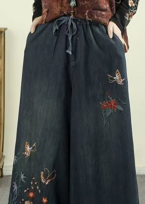Ethnic Style Warm Fleece Embroidered Denim Wide Leg Pants