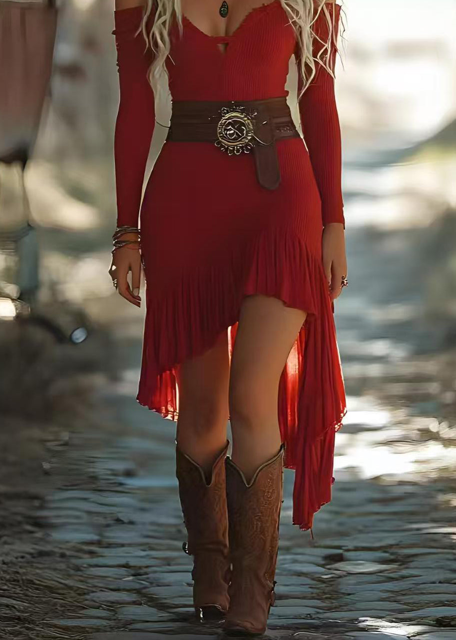 European And American Style Red Cold Shoulder Asymmetrical Patchwork Knit Dress Spring