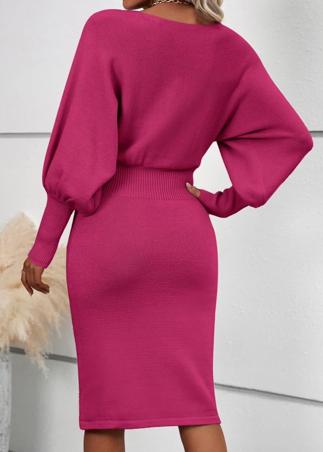 European And American Style Rose O-Neck Knit Dress Lantern Sleeve