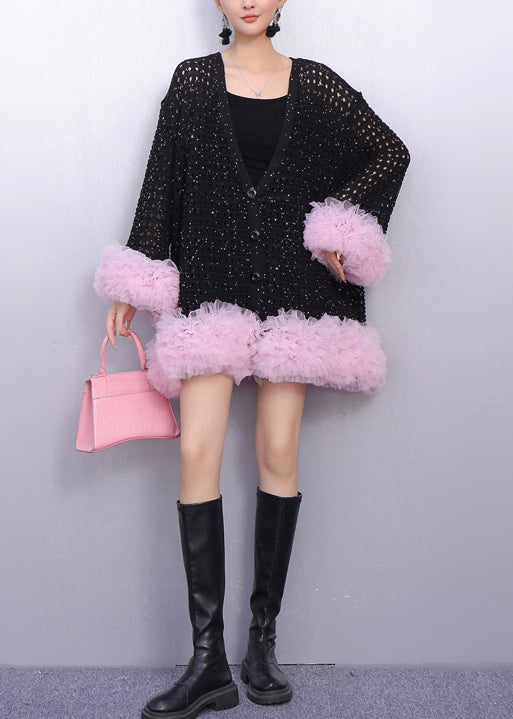 Fall Baby Blue Faux Fur Panels Trimmed Hollow Out Knit Cardigan