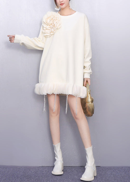 Fall Beige Floral Decorated Crystal Tassel Patchwork Dress