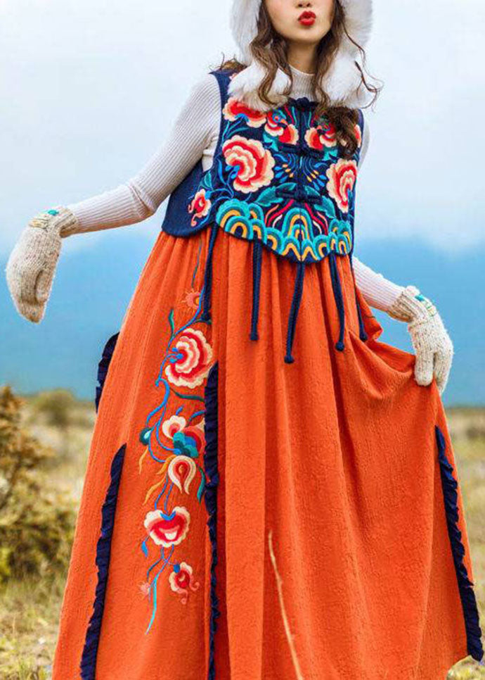Famous family style Orange Embroideried O-Neck Embroideried Patchwork Long Dress Sleeveless