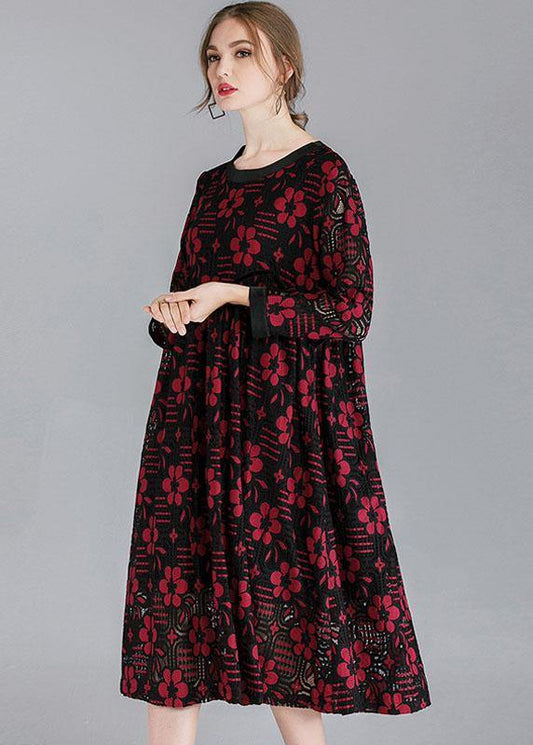 Fashion Red Loose O-Neck Spring Party Dress Long Sleeve - SooLinen