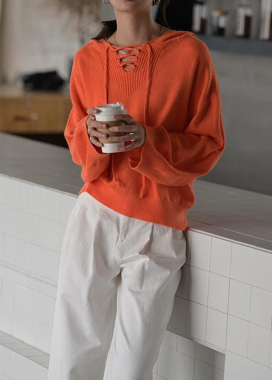 Fashion orange knitted blouse oversized hooded drawstring knitted tops - SooLinen