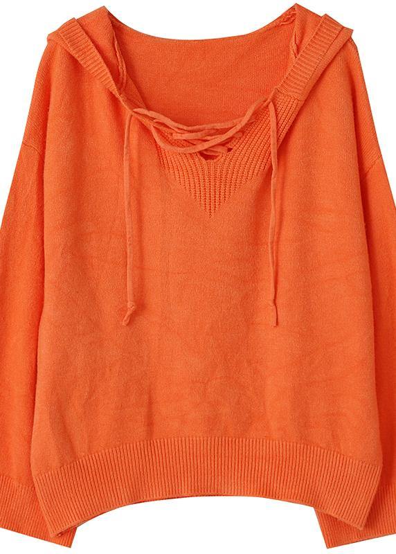Fashion orange knitted blouse oversized hooded drawstring knitted tops - SooLinen