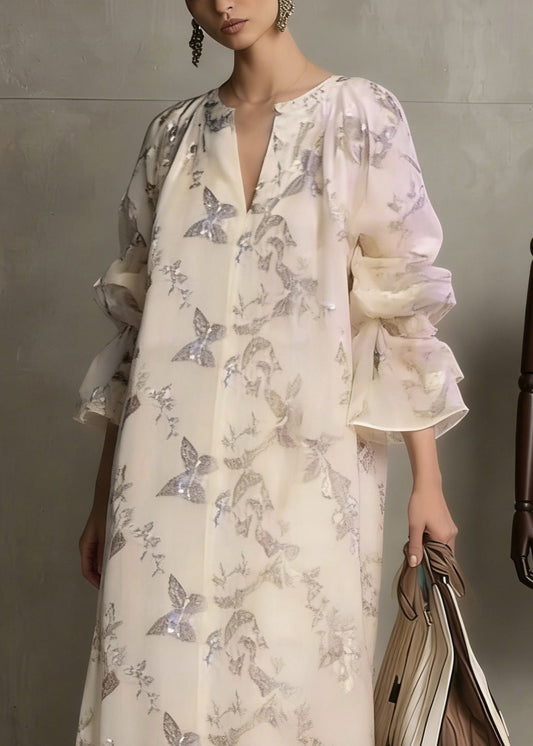 Fashion Apricot Butterfly Sequins Cotton Dress Flare Sleeve