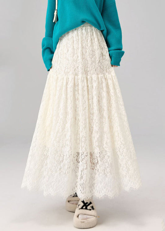 Fashion Apricot High Waist Solid Lace A Line Skirts