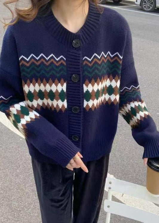 Fashion Apricot O Neck Jacquard Button Knit Cardigans Spring