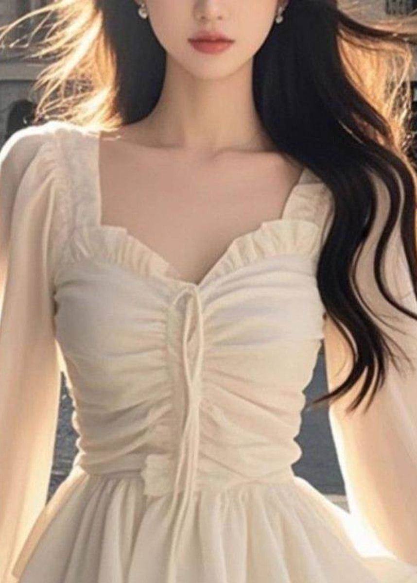 Fashion Apricot Ruffled Lace Up Wrinkled Chiffon Top Fall