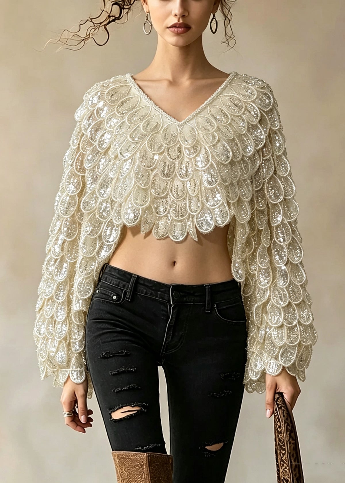 Fashion Apricot V Neck Sequins Embroidered Tulle Cape Tops Fall