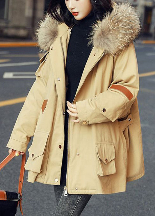 Fashion Army Green Zip Up Fur Collar cotton Puffer blend Parka Jacket Winter