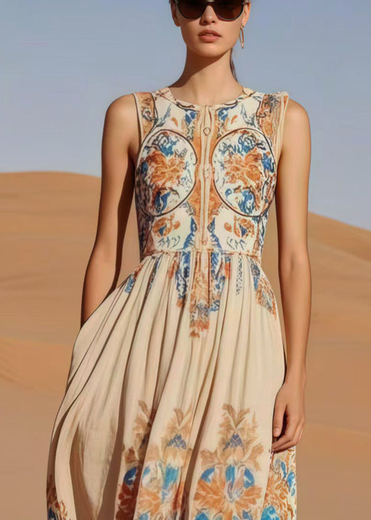 Fashion Beige Print Cotton Party Dress Sleeveless