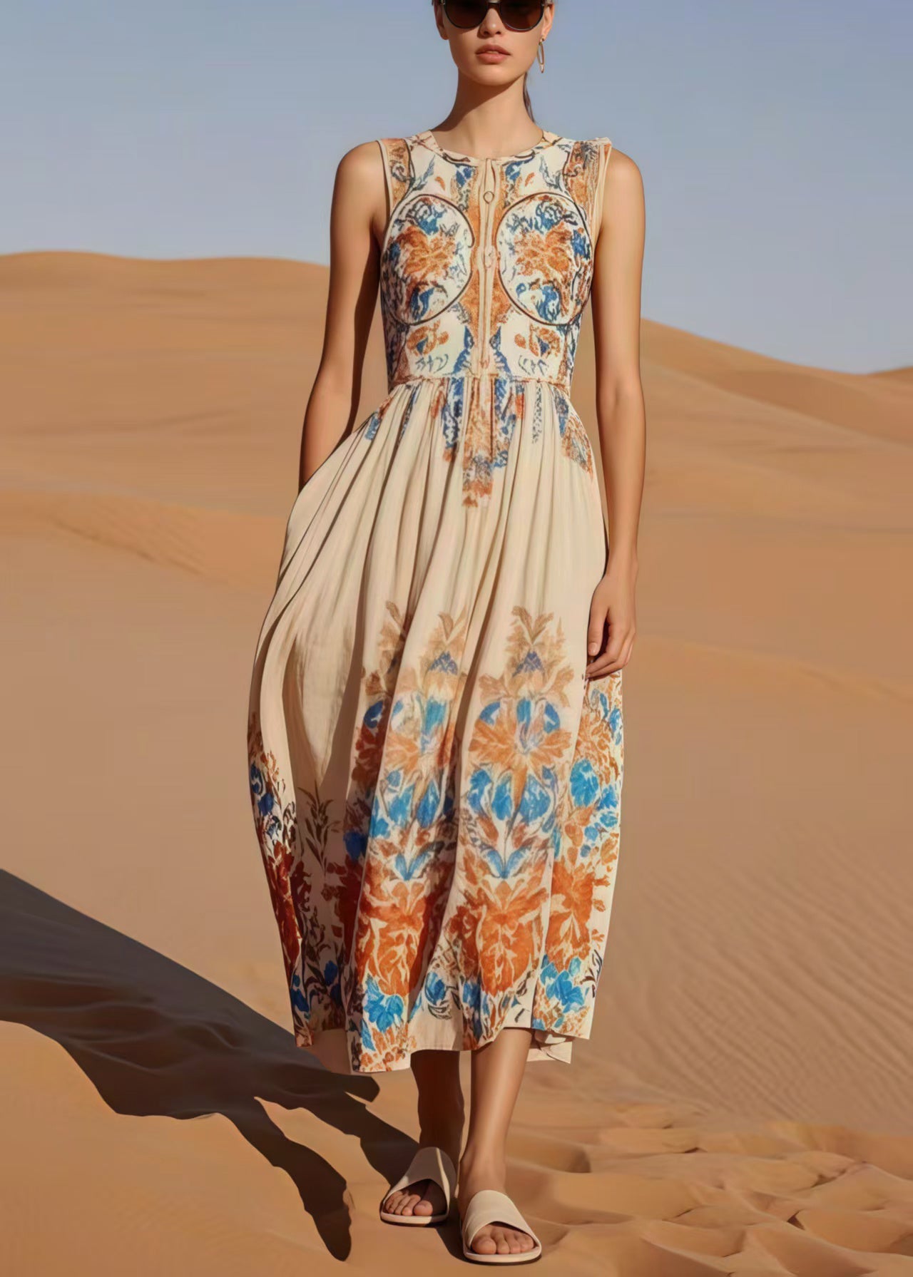 Fashion Beige Print Cotton Party Dress Sleeveless