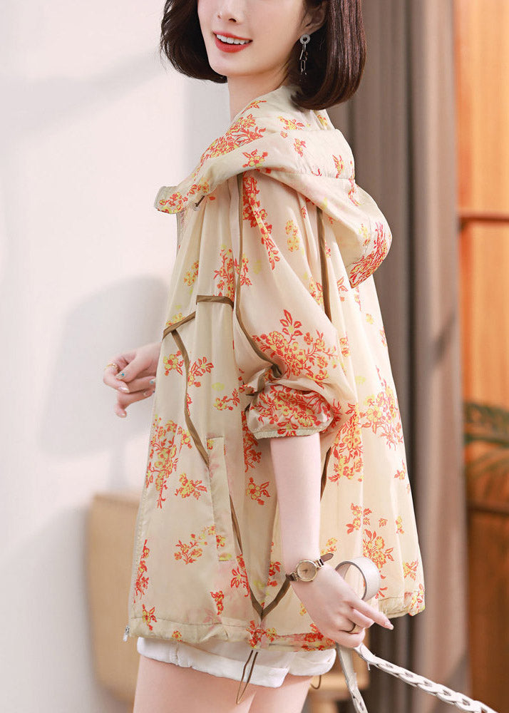 Fashion Beige Print Pockets Hoodie UPF 50+ Coat Jacket Spring