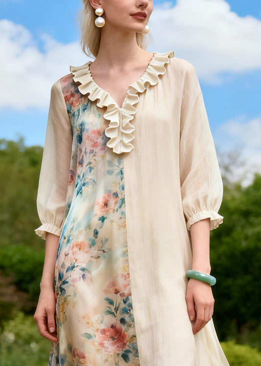Fashion Beige Ruffled Patchwork Chiffon Long Dresses Summer