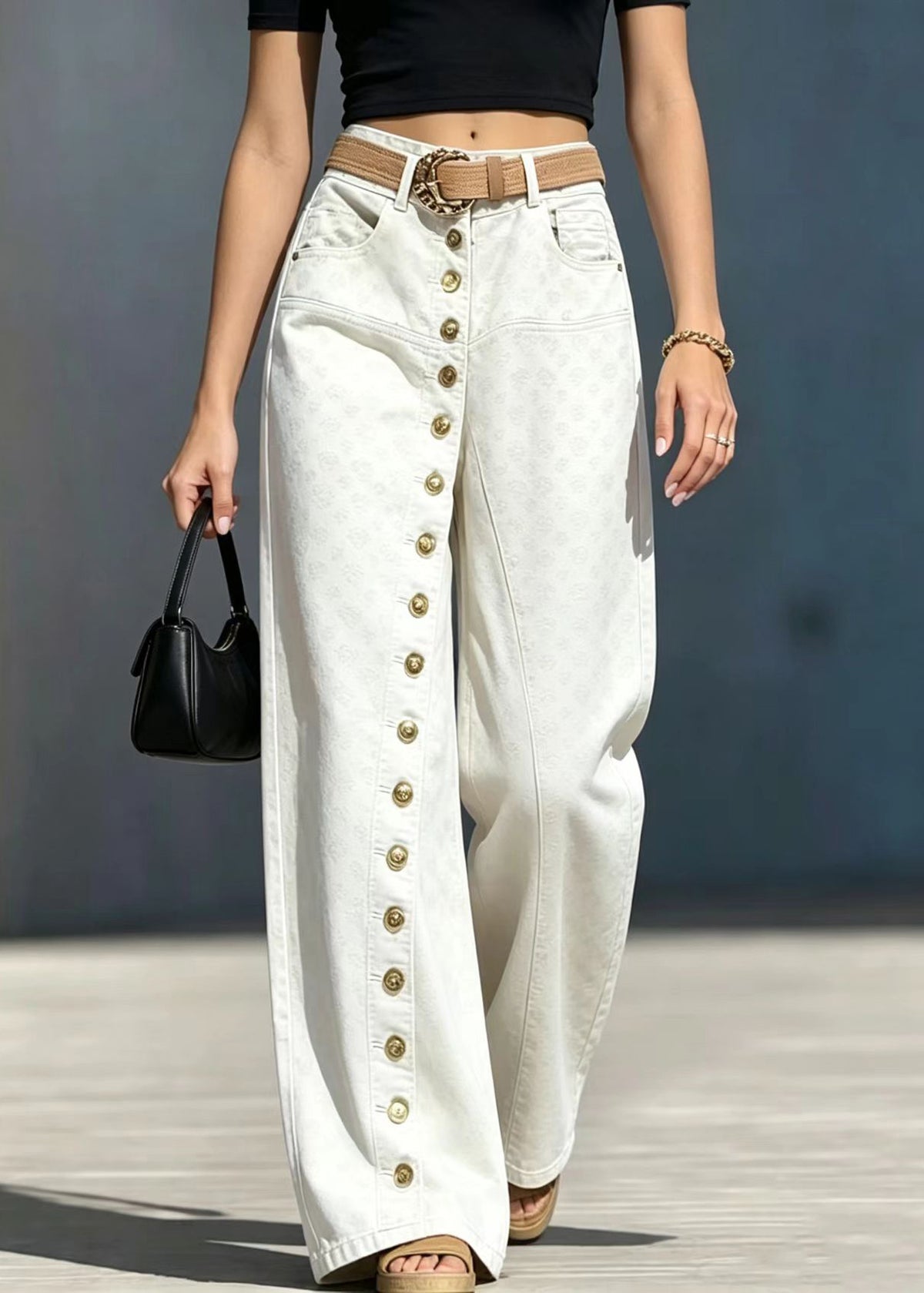 Fashion Beige Single Row Buttons High Waist Jacquard Denim Pants Fall
