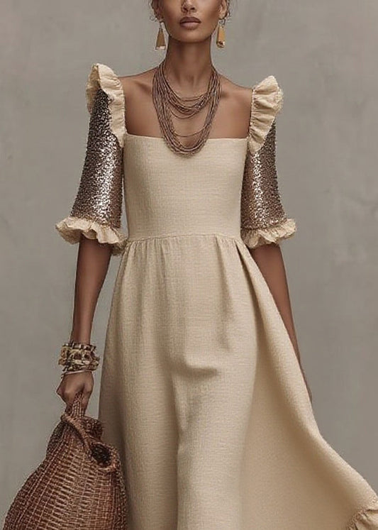 Fashion Beige Square Collar Ruffled Wrinkled Long Dress Summer