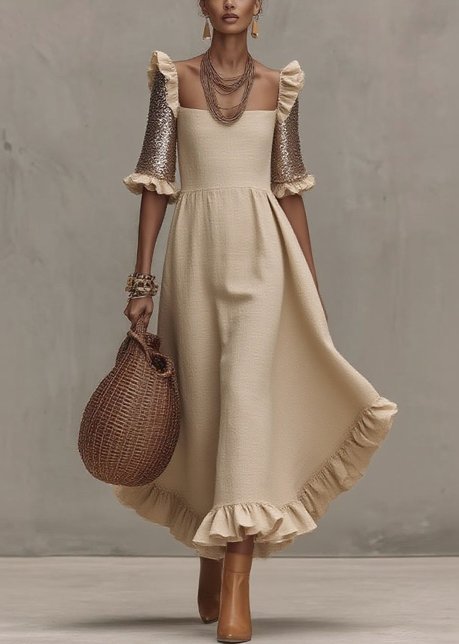 Fashion Beige Square Collar Ruffled Wrinkled Long Dress Summer