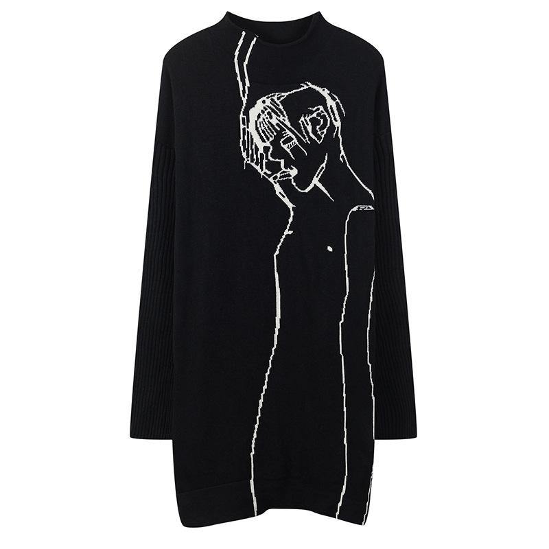 Fashion Black Abstract Portrait Knit Blouse High Neck Plus Size Clothing Knitwear - SooLinen