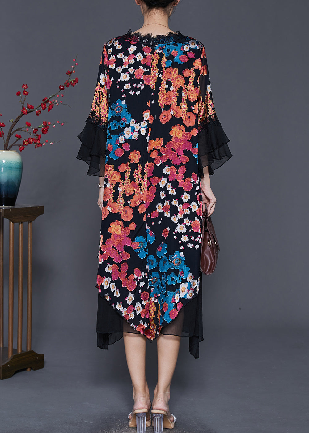 Fashion Black Asymmetrical Print Silk Dresses Flare Sleeve