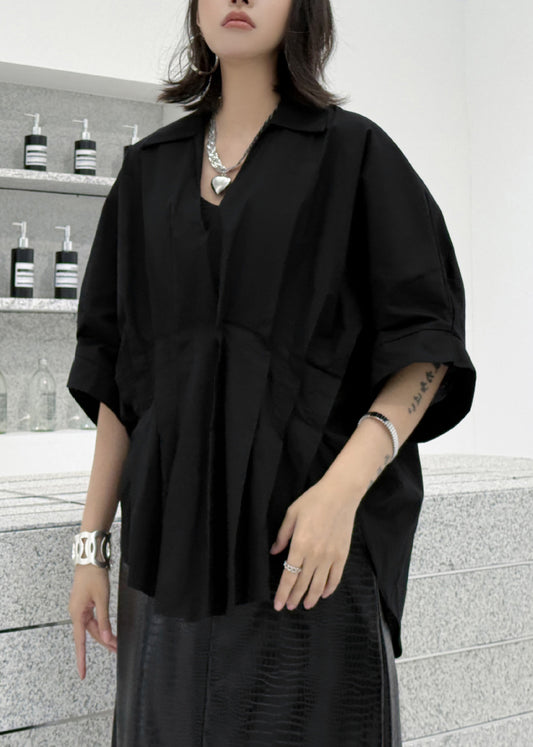 Fashion Black Asymmetrical Wrinkled Patchwork Cotton Blouses Summer
