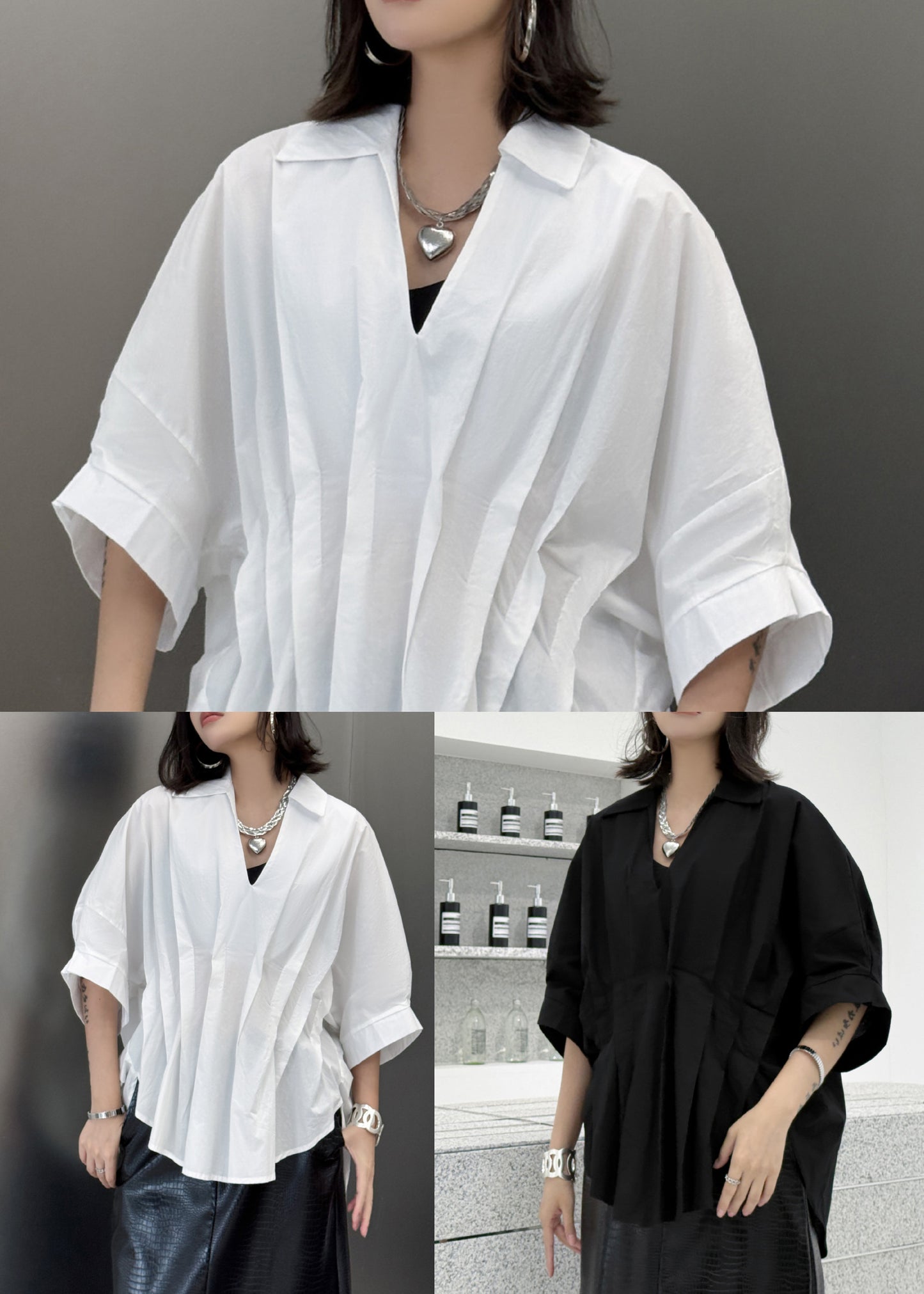 Fashion Black Asymmetrical Wrinkled Patchwork Cotton Blouses Summer