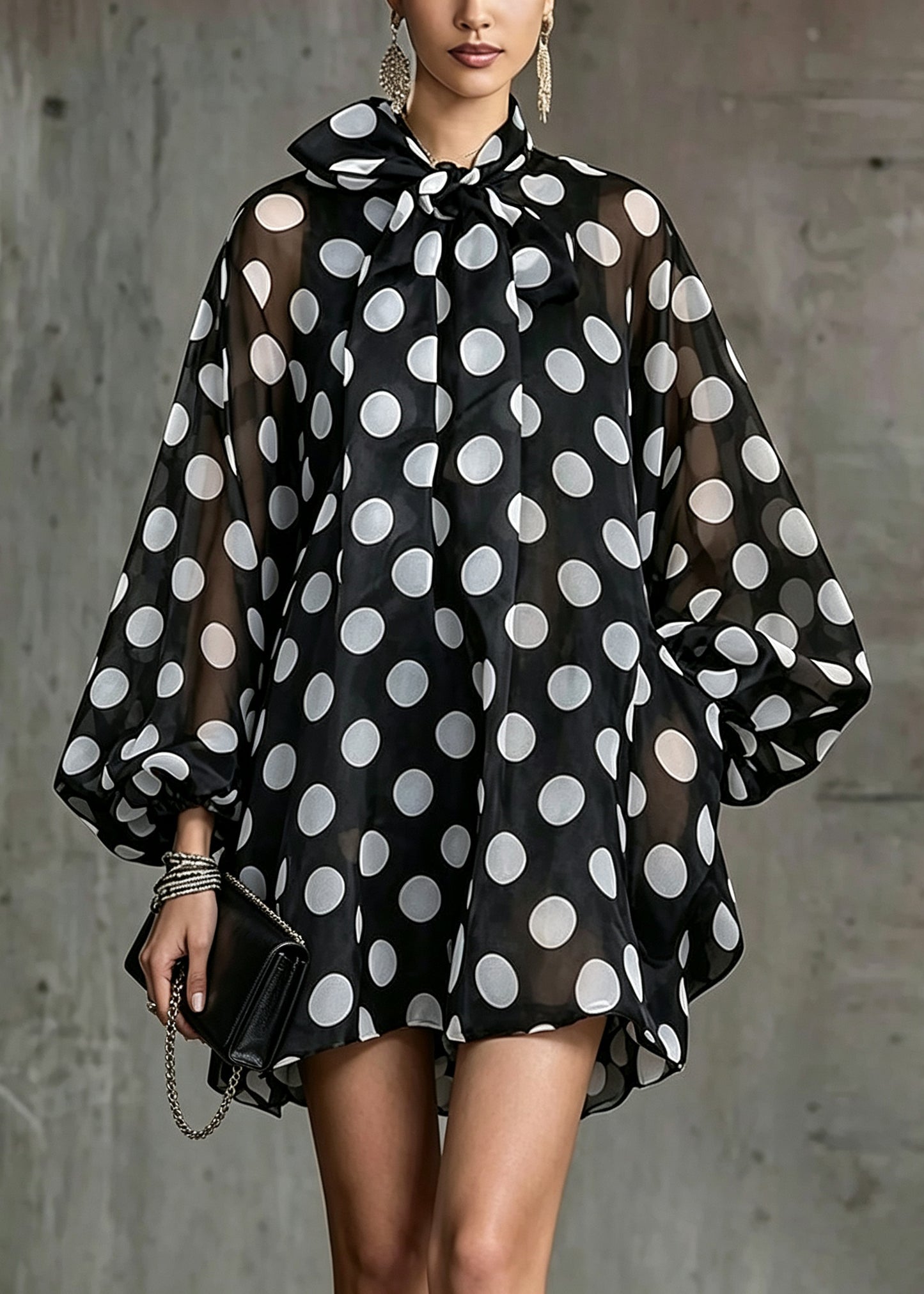 Fashion Black Dot Bow Collar Mini Dresses Lantern Sleeve