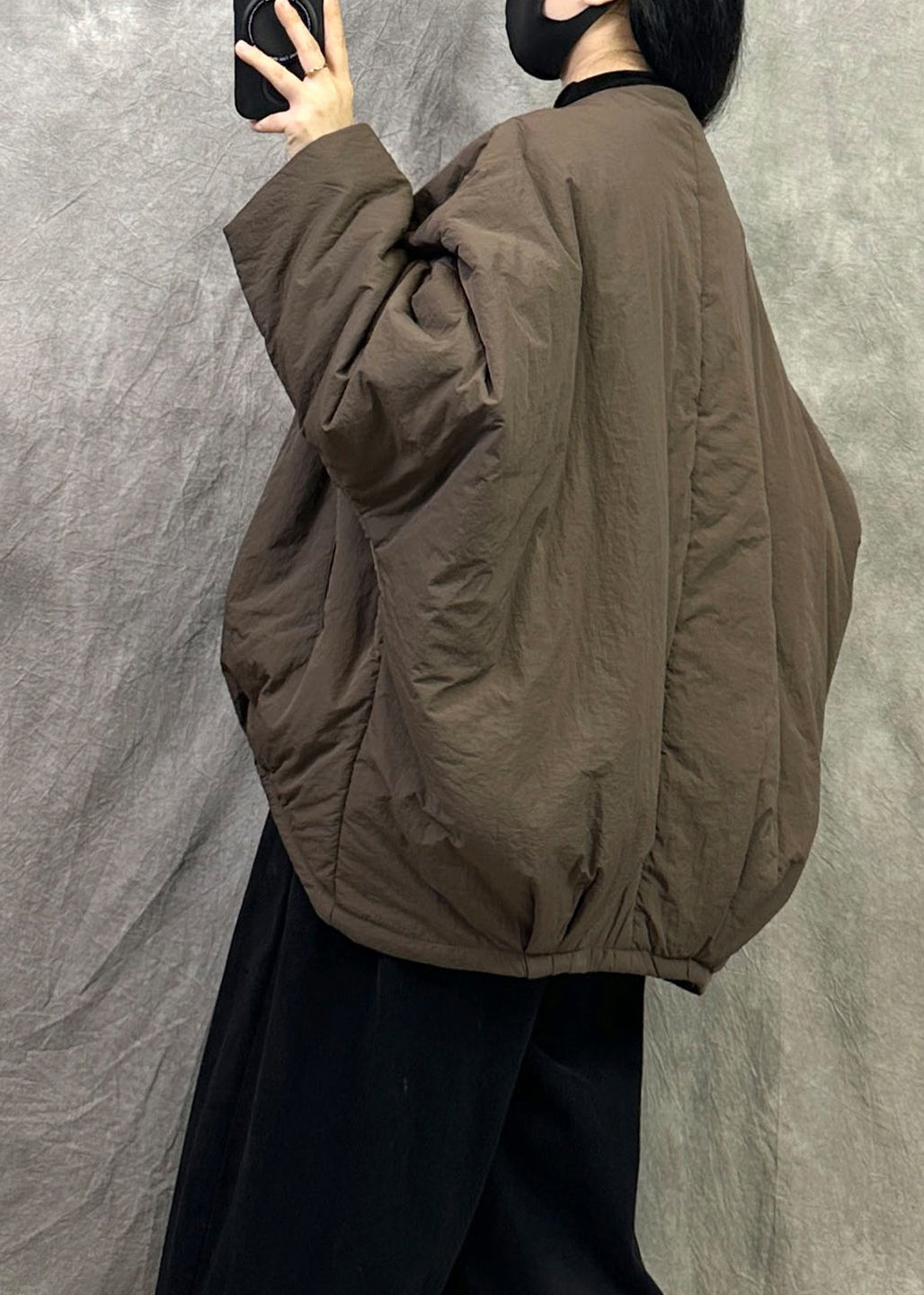 Fashion Black O Neck Button Fine Cotton Filled Jacket Winter