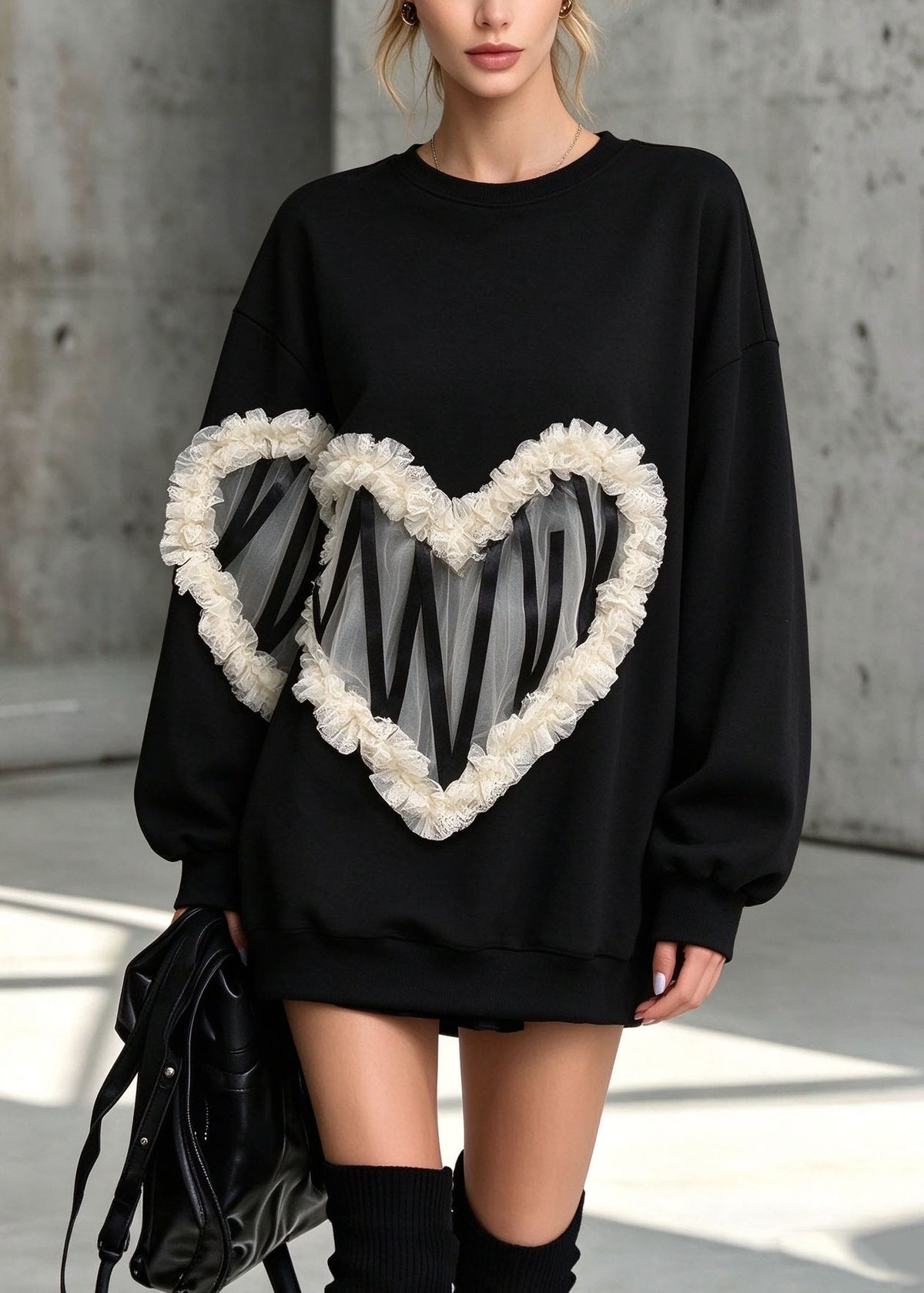 Fashion Black O Neck Lace Ruffled Patchwork Warm Fleece Pullover Streetwear Winter