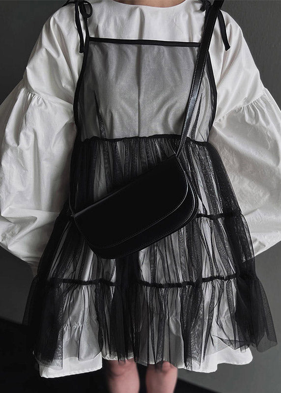 Fashion Black O-Neck Mid Spaghetti Strap And Shirts Dress Tulle Two Pieces Set Lantern Sleeve