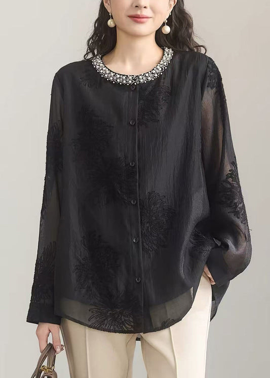 Fashion Black O-Neck Nail Bead Embroidered Shirts Fall
