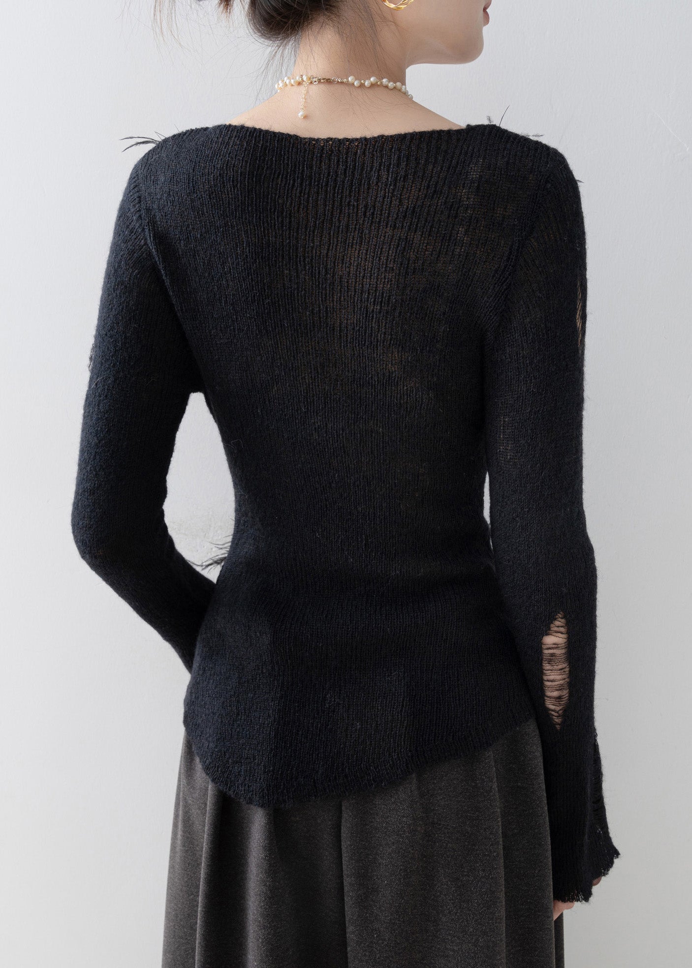 Fashion Black O Neck Tassel Floral Knit Top Spring