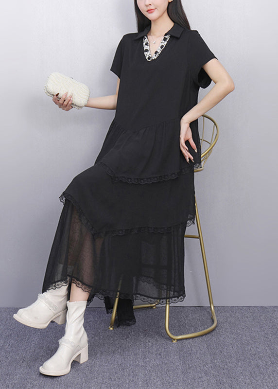 Fashion Black Peter Pan Collar Asymmetrical Long Cake Dress Short Sleeve