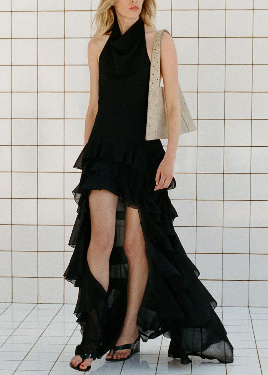 Fashion Black Ruffled Low High Design Chiffon Dresses Sleeveless