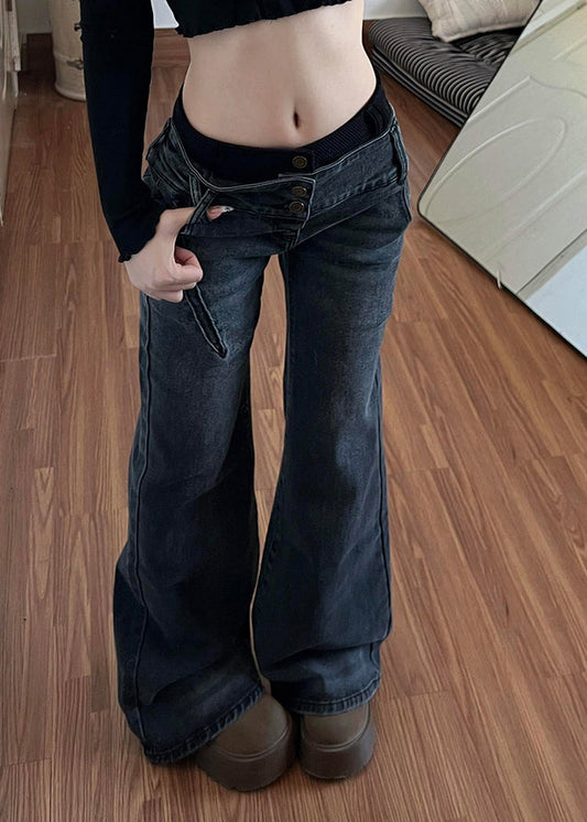 Fashion Black Silm Fit Denim Flare Bottoms Pants Trousers Spring