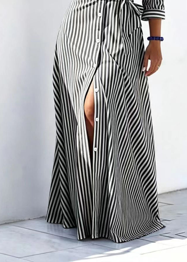 Fashion Black Striped Peter Pan Collar Tie Waist Long Dresses Bracelet Sleeve