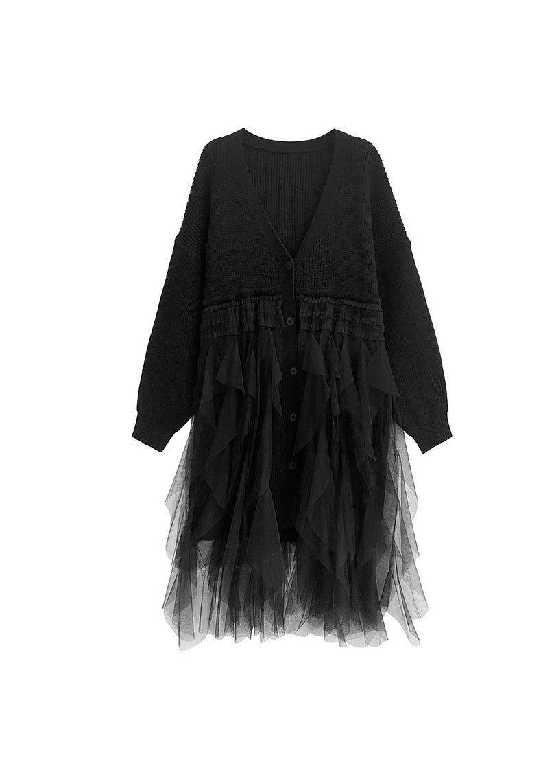 Fashion Black V Neck Button Tulle Patchwork Knit Dress