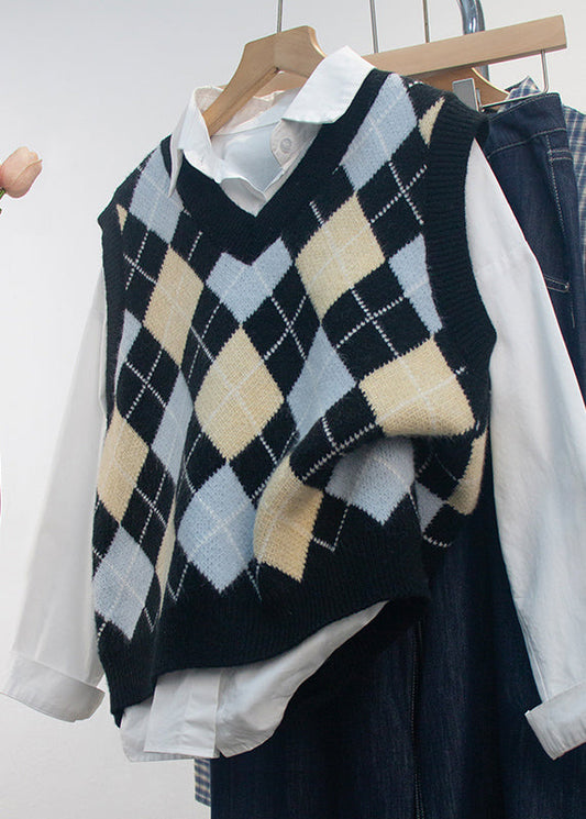 Fashion Black V Neck Geometric Print Knit Vest Sleeveless