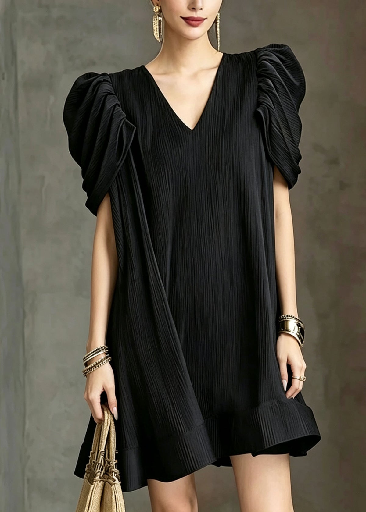 Fashion Black V Neck Ruffled Patchwork Puff Sleeve Cotton Mid Dress
