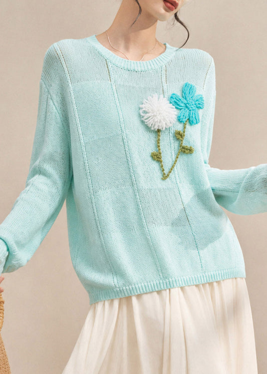Fashion Blue Embroidered Floral Cotton Knit Sweaters Tops Long Sleeve