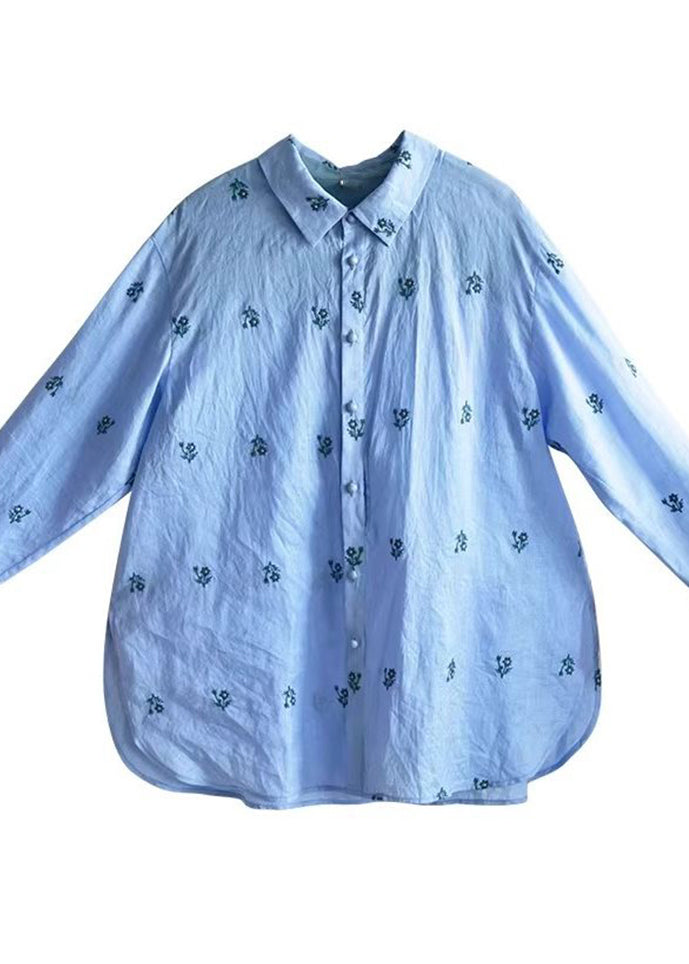 Fashion Blue Peter Pan Collar Embroidered Shirt And Shorts Two Pieces Set Summer